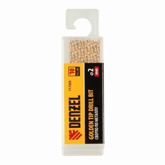 Сверло по металлу, 2 мм, HSS-Tin, Golden Tip, 10 шт. Denzel 717203 Сверло по металлу, 2 мм, HSS-Tin, Golden Tip, 10 шт. Denzel 717203