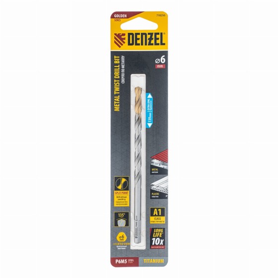 Сверло спиральное по металлу 6 х 139 мм, Р6М5, Golden Tip, удлиненное Denzel 718256