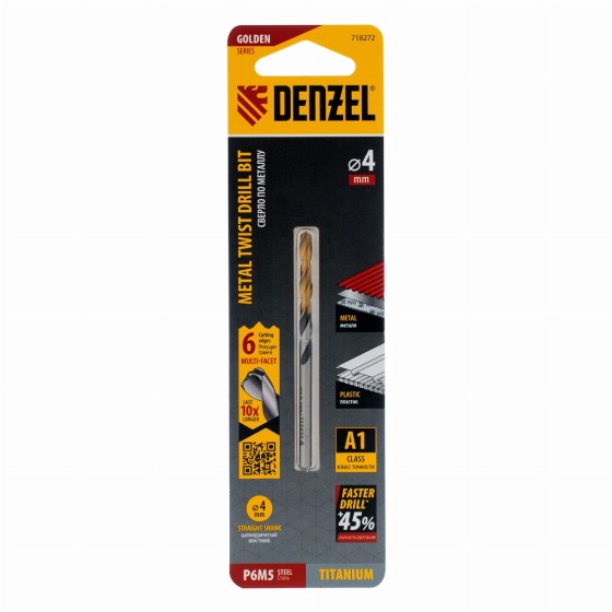 Сверло спиральное по металлу 4 x 75мм, Р6М5, Golden Tip, многогранная заточка Denzel 718272 Сверло спиральное по металлу 4 x 75мм, Р6М5, Golden Tip, многогранная заточка Denzel 718272