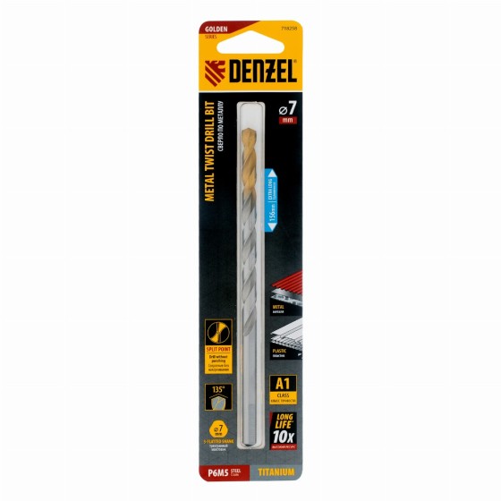 Сверло спиральное по металлу 7,0 х 156 мм, Р6М5, Golden Tip, удлиненное Denzel 718258 Сверло спиральное по металлу 7,0 х 156 мм, Р6М5, Golden Tip, удлиненное Denzel 718258