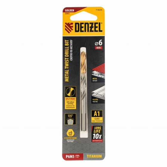 Сверло спиральное по металлу 6 x 93 мм, Р6М5, Golden Tip  Denzel 718235