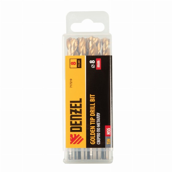 Сверло по металлу, 8 мм, HSS-Tin, Golden Tip, 8 шт. Denzel 717219 Сверло по металлу, 8 мм, HSS-Tin, Golden Tip, 8 шт. Denzel 717219
