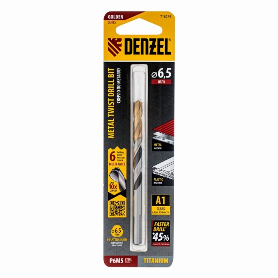 Сверло спиральное по металлу 6,5 x 93мм, Р6М5, Golden Tip, многогранная заточка Denzel 718279