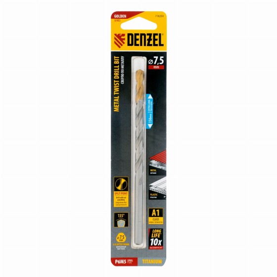 Сверло спиральное по металлу 7,5 х 156 мм, Р6М5, Golden Tip, удлиненное Denzel 718259 Сверло спиральное по металлу 7,5 х 156 мм, Р6М5, Golden Tip, удлиненное Denzel 718259