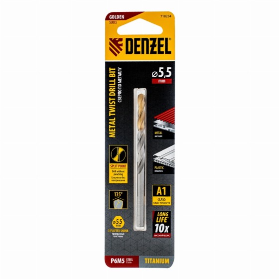Сверло спиральное по металлу 5,5 x 93 мм, Р6М5, Golden Tip  Denzel 718234