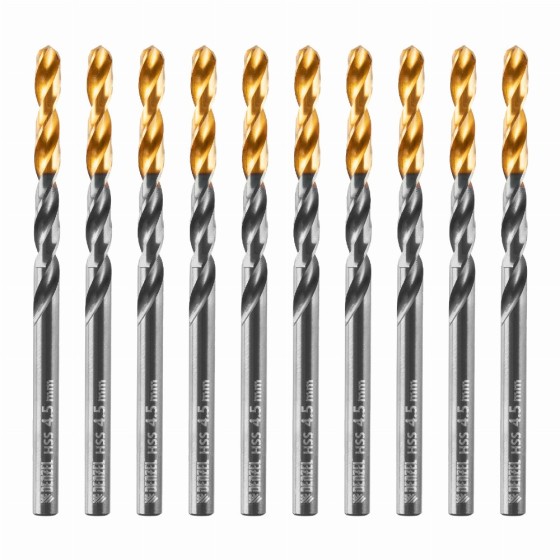 Сверло по металлу, 4,5 мм, HSS-Tin, Golden Tip, 10 шт. Denzel 717211 Сверло по металлу, 4,5 мм, HSS-Tin, Golden Tip, 10 шт. Denzel 717211