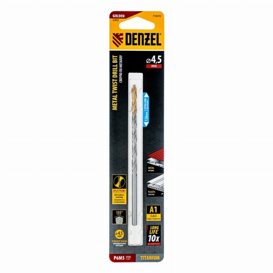 Сверло спиральное по металлу 4,5 х 126 мм, Р6М5, Golden Tip, удлиненное Denzel 718252 Сверло спиральное по металлу 4,5 х 126 мм, Р6М5, Golden Tip, удлиненное Denzel 718252
