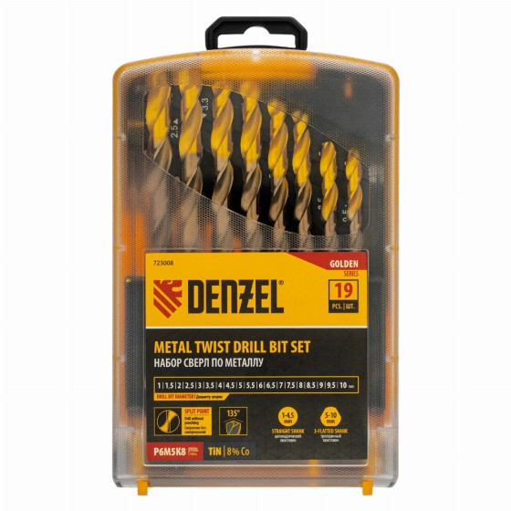 Набор сверл по металлу, 1-10 мм, Р6М5К8-TiN, Golden Tip, 19 шт Denzel 723008