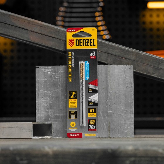 Сверло спиральное по металлу 3 х 100 мм, Р6М5, Golden Tip, удлиненное, 2шт. Denzel 718247 Сверло спиральное по металлу 3 х 100 мм, Р6М5, Golden Tip, удлиненное, 2шт. Denzel 718247