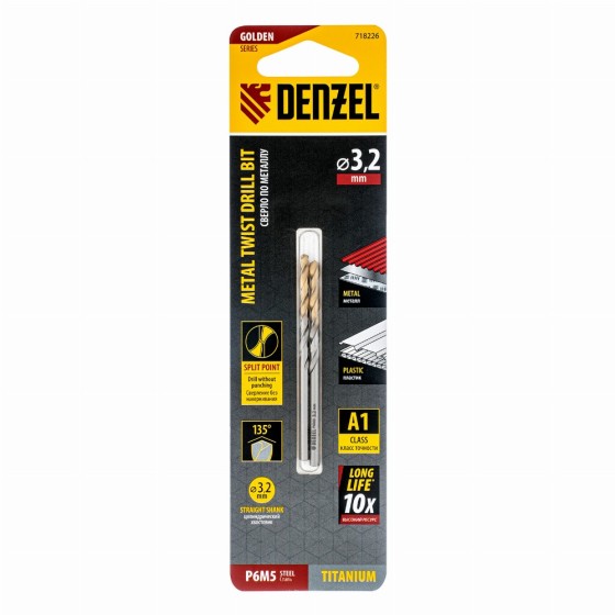 Сверло спиральное по металлу 3,2 x 65 мм, Р6М5, Golden Tip , 2шт. Denzel 718226 Сверло спиральное по металлу 3,2 x 65 мм, Р6М5, Golden Tip , 2шт. Denzel 718226