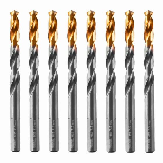 Сверло по металлу, 7,5 мм, HSS-Tin, Golden Tip, 8 шт. Denzel 717218 Сверло по металлу, 7,5 мм, HSS-Tin, Golden Tip, 8 шт. Denzel 717218