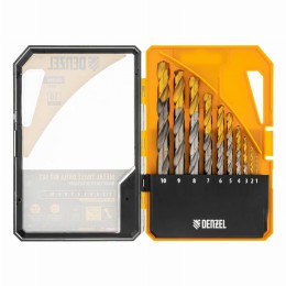 Набор сверл по металлу, 1-10 мм, Р6М5-TiN, Golden Tip, 10 шт Denzel 723001 Набор сверл по металлу, 1-10 мм, Р6М5-TiN, Golden Tip, 10 шт Denzel 723001