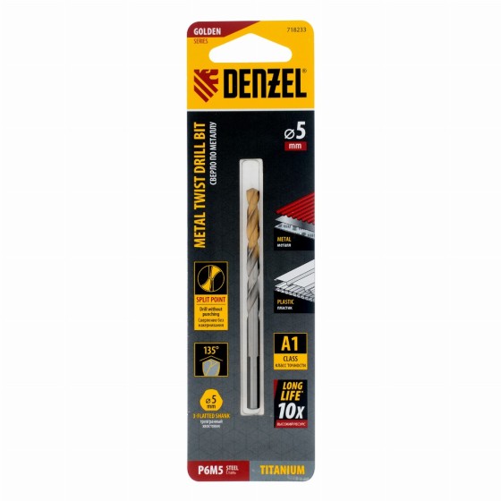 Сверло спиральное по металлу 5 x 86 мм, Р6М5, Golden Tip Denzel 718233 Сверло спиральное по металлу 5 x 86 мм, Р6М5, Golden Tip Denzel 718233