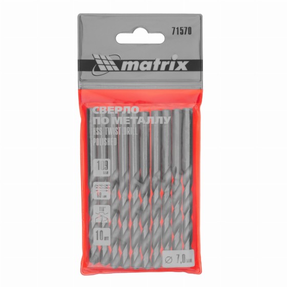 Сверло по металлу, 7 мм, полированное, HSS, 10 шт, цилиндрический хвостовик Matrix 71570 Сверло по металлу, 7 мм, полированное, HSS, 10 шт, цилиндрический хвостовик Matrix 71570