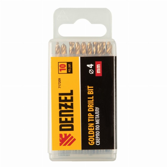 Сверло по металлу, 4 мм, HSS-Tin, Golden Tip, 10 шт. Denzel 717209 Сверло по металлу, 4 мм, HSS-Tin, Golden Tip, 10 шт. Denzel 717209