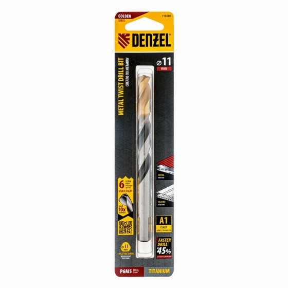 Сверло спиральное по металлу 11 x 142мм, Р6М5, Golden Tip, многогранная заточка Denzel 718286 Сверло спиральное по металлу 11 x 142мм, Р6М5, Golden Tip, многогранная заточка Denzel 718286