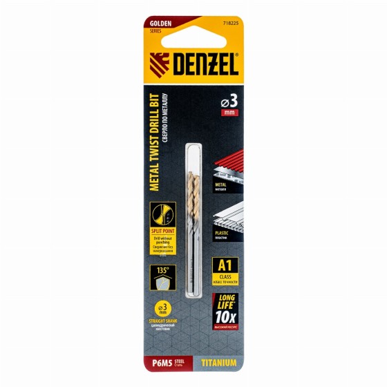 Сверло спиральное по металлу 3 x 60 мм, Р6М5, Golden Tip , 2шт. Denzel 718225 Сверло спиральное по металлу 3 x 60 мм, Р6М5, Golden Tip , 2шт. Denzel 718225