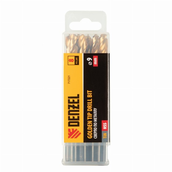 Сверло по металлу, 9 мм, HSS-Tin, Golden Tip, 8 шт. Denzel 717221 Сверло по металлу, 9 мм, HSS-Tin, Golden Tip, 8 шт. Denzel 717221
