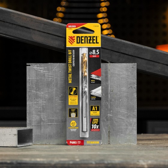 Сверло спиральное по металлу 8,5 x 117 мм, Р6М5, Golden Tip Denzel 718240 Сверло спиральное по металлу 8,5 x 117 мм, Р6М5, Golden Tip Denzel 718240