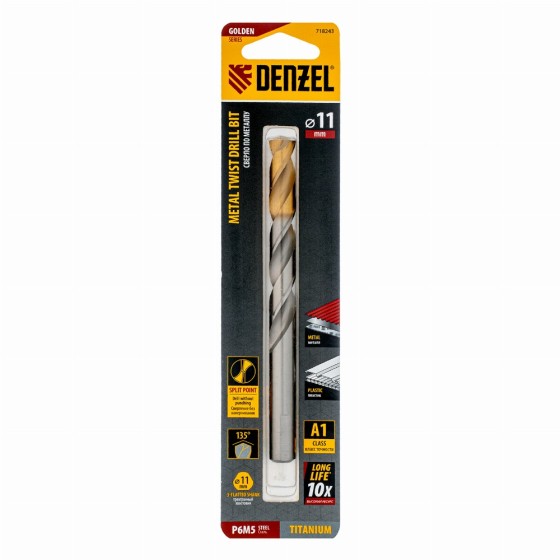 Сверло спиральное по металлу 11 x 142 мм, Р6М5, Golden Tip Denzel 718243 Сверло спиральное по металлу 11 x 142 мм, Р6М5, Golden Tip Denzel 718243