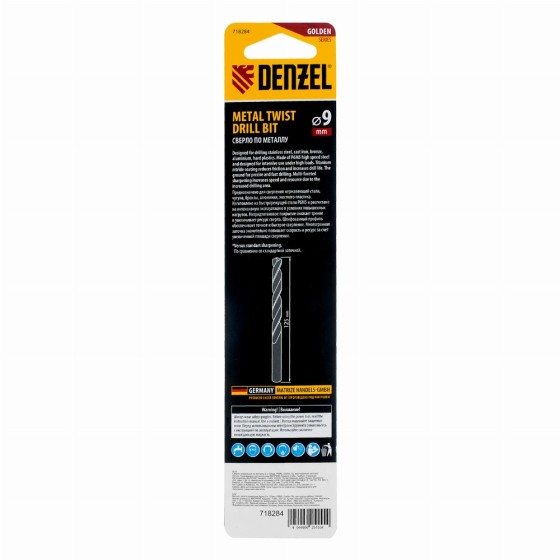 Сверло спиральное по металлу 9 x 125мм, Р6М5, Golden Tip, многогранная заточка Denzel 718284