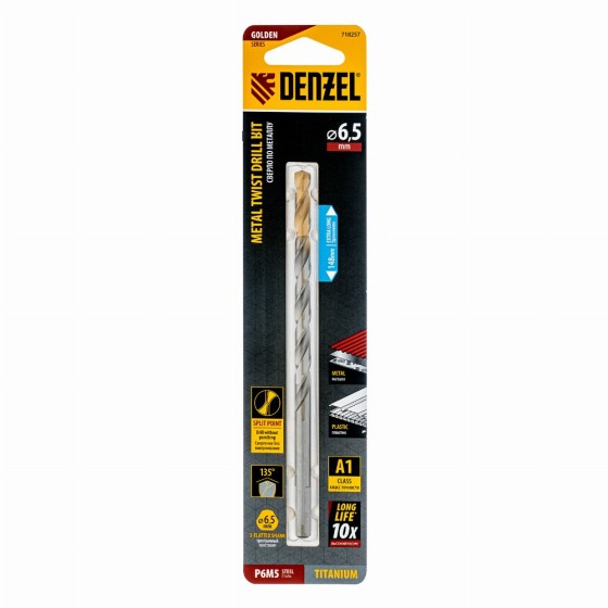 Сверло спиральное по металлу 6,5 х 148 мм, Р6М5, Golden Tip, удлиненное Denzel 718257