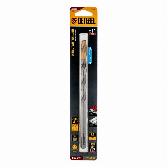 Сверло спиральное по металлу 11 х 195 мм, Р6М5, Golden Tip, удлиненное Denzel 718264 Сверло спиральное по металлу 11 х 195 мм, Р6М5, Golden Tip, удлиненное Denzel 718264