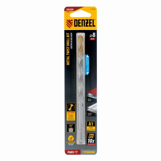 Сверло спиральное по металлу 8 х 165 мм, Р6М5, Golden Tip, удлиненное Denzel 718260