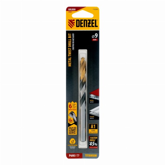 Сверло спиральное по металлу 9 x 125мм, Р6М5, Golden Tip, многогранная заточка Denzel 718284
