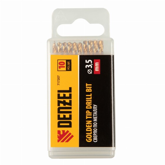 Сверло по металлу, 3,5 мм, HSS-Tin, Golden Tip, 10 шт. Denzel 717207 Сверло по металлу, 3,5 мм, HSS-Tin, Golden Tip, 10 шт. Denzel 717207