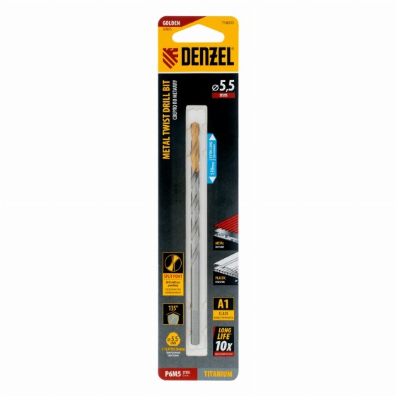 Сверло спиральное по металлу 5,5 х 139 мм, Р6М5, Golden Tip, удлиненное Denzel 718255 Сверло спиральное по металлу 5,5 х 139 мм, Р6М5, Golden Tip, удлиненное Denzel 718255