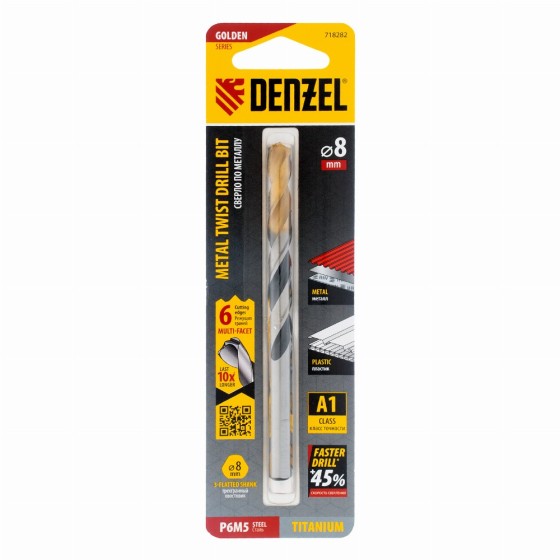 Сверло спиральное по металлу 8 x 117мм, Р6М5, Golden Tip, многогранная заточка Denzel 718282 Сверло спиральное по металлу 8 x 117мм, Р6М5, Golden Tip, многогранная заточка Denzel 718282