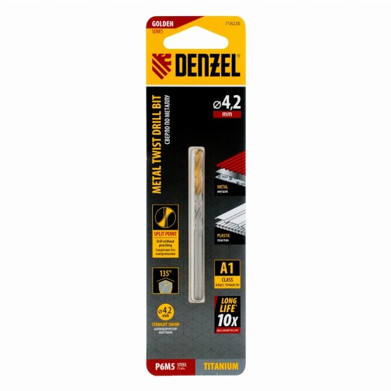 Сверло спиральное по металлу 4,2 x 75 мм, Р6М5, Golden Tip Denzel 718230 Сверло спиральное по металлу 4,2 x 75 мм, Р6М5, Golden Tip Denzel 718230