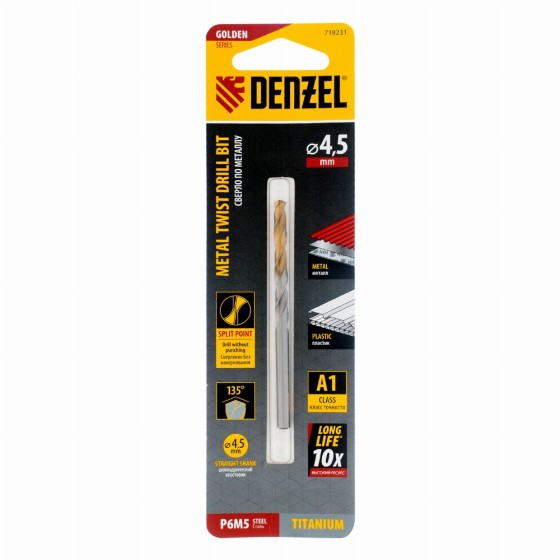 Сверло спиральное по металлу 4,5 x 80 мм, Р6М5, Golden Tip Denzel 718231 Сверло спиральное по металлу 4,5 x 80 мм, Р6М5, Golden Tip Denzel 718231