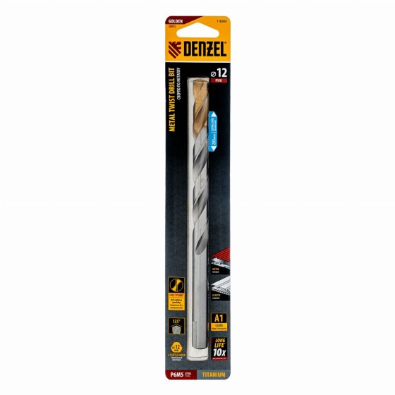 Сверло спиральное по металлу 12 x 205 мм, Р6М5, Golden Tip, удлиненное Denzel 718265 Сверло спиральное по металлу 12 x 205 мм, Р6М5, Golden Tip, удлиненное Denzel 718265