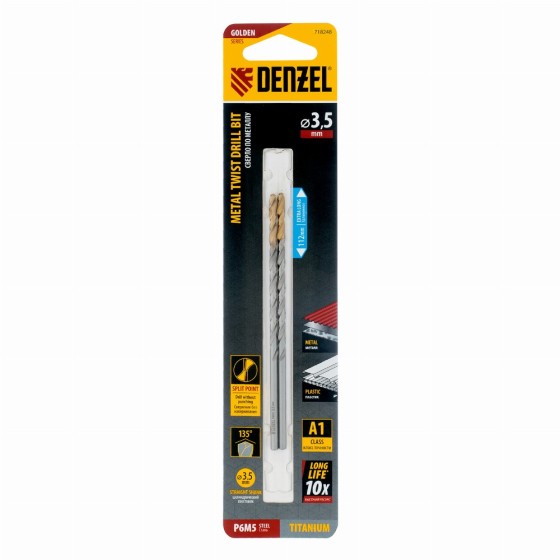 Сверло спиральное по металлу 3,5 х 112 мм, Р6М5, Golden Tip, удлиненное, 2шт. Denzel 718248 Сверло спиральное по металлу 3,5 х 112 мм, Р6М5, Golden Tip, удлиненное, 2шт. Denzel 718248