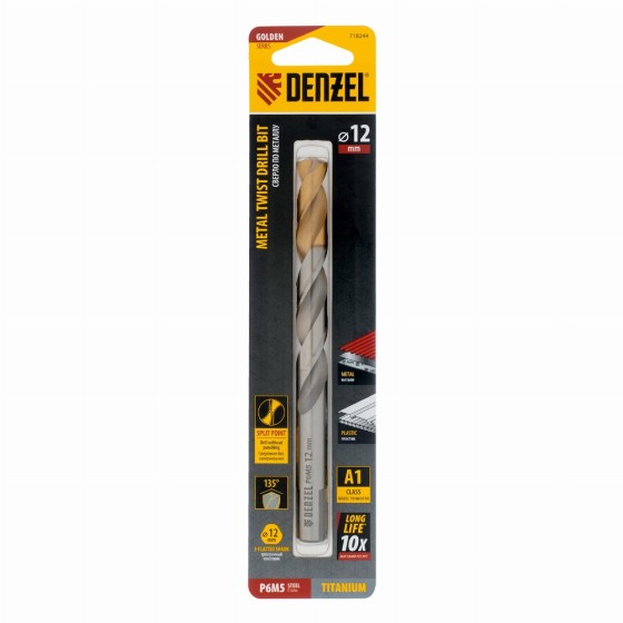 Сверло спиральное по металлу 12 x 151 мм, Р6М5, Golden Tip Denzel 718244 Сверло спиральное по металлу 12 x 151 мм, Р6М5, Golden Tip Denzel 718244