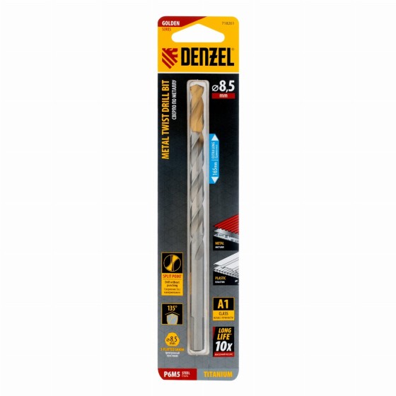 Сверло спиральное по металлу 8,5 х 165 мм, Р6М5, Golden Tip, удлиненное Denzel 718261 Сверло спиральное по металлу 8,5 х 165 мм, Р6М5, Golden Tip, удлиненное Denzel 718261