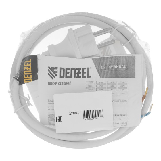 Шнур сетевой Energy Series, ПВС, 1,5 м, 2 x 1,5 мм, с неразборной вилкой, белый, Denzel 37668 Шнур сетевой Energy Series, ПВС, 1,5 м, 2 x 1,5 мм, с неразборной вилкой, белый, Denzel 37668